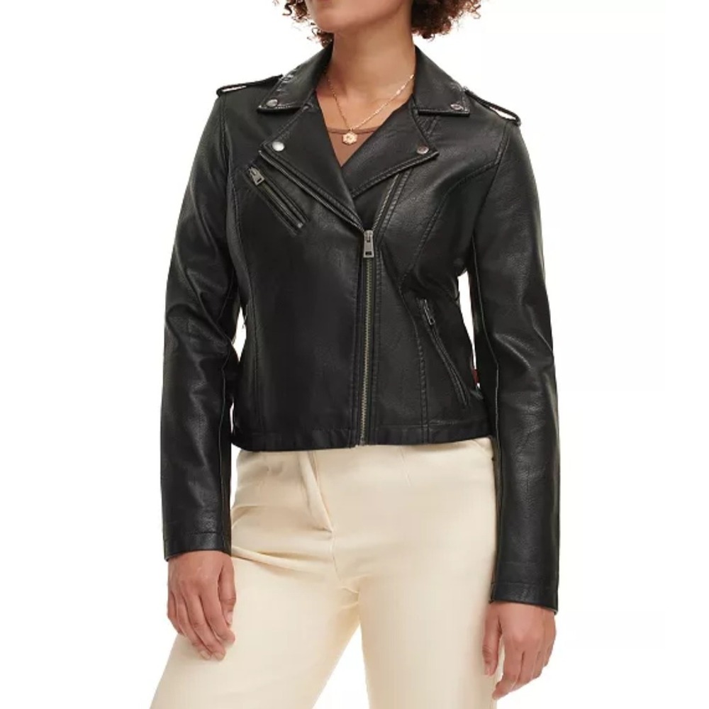 Levi's Womens Faux Leather Moto Biker Jacket Black XL Asymmetrical Zip Pockets
